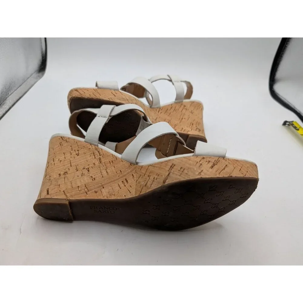 Franco Sarto White Leather Strappy Cork Wedge Sandals Size 7 With Adjustable Buc
